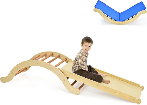 Vista 12 de HONEY JOY Escaladora triangular con rampa, escalera triangular para niños para guardería, gimnasio y parque infantil, juguetes de escalada Colorido