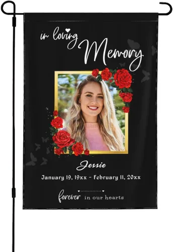 Vista 17 de Bandera de memoria personalizada con nombre de foto, fecha, letrero funerario personalizado, bandera conmemorativa personalizable para jardín
