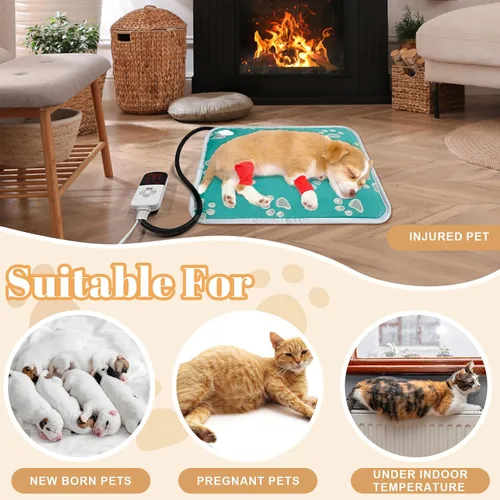 Vista 5 de La La Pet Almohadilla térmica para mascotas, 9 temperaturas ajustables, 110 V, cama climatizada con interruptor y tubo de protección de línea Verde