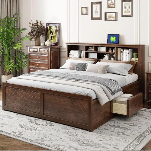 Vista 2 de Polibi Cama de plataforma de madera tamaño King con cabecera de almacenamiento múltiple, puertos y cajones de carga USB, plataforma