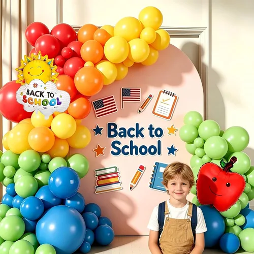 Vista 5 de Decoraciones de fiesta de regreso a clases, kit de arco de guirnalda de globos arcoíris con globos de aluminio de manzana para graduación, primer