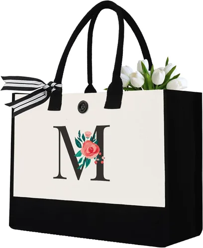 Vista 29 de Initial Canvas Tote Bag, Monogrammed Tote Bags Suitable for Mother's Day Wedding Beach