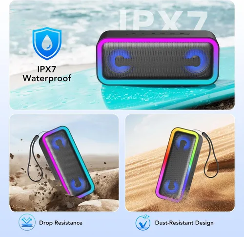 Vista 7 de Altavoz Bluetooth portátil, altavoz inalámbrico estéreo de 30 W con graves profundos y luces RGB, Bluetooth 5.4, IPX7 impermeable, tiempo