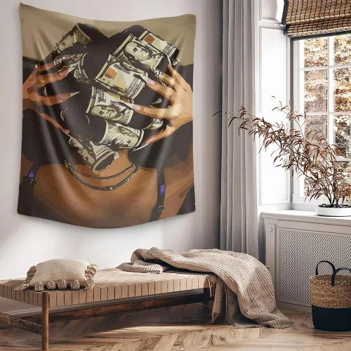 Vista 4 de FADALO Tapiz de mujeres negras afroamericanas, tapiz de arte con dinero de niña negra, tapices de pared de tendencia retro para colgar en la pared