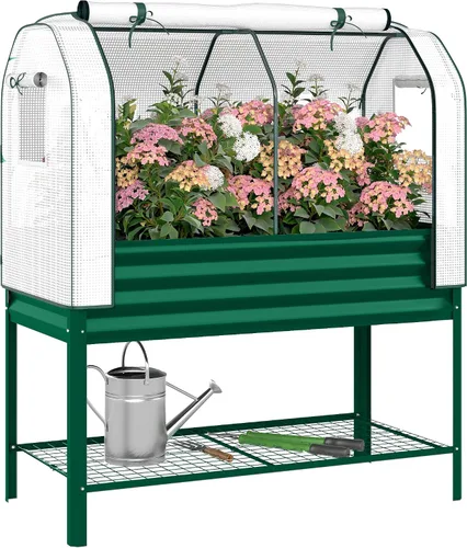 Vista 12 de Outsunny Cama de jardín elevada galvanizada con cubierta de invernadero, cama de jardín elevada de metal con patas, forro de cama y estante