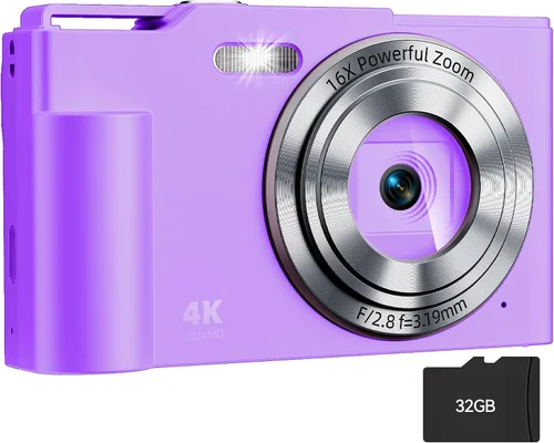 Vista 11 de Cámara digital, cámara digital FHD para apuntar y disparar con zoom de 16X, antivibraciones, cámara pequeña compacta de 48 MP con tarjeta de 32 GB