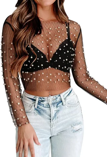 Vista 3 de Ezcosplay Nashville - Camiseta corta de malla con diamantes de imitación para mujer, camiseta de manga larga con purpurina brillante, camisa