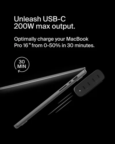 Vista 3 de Belkin Bloque de cargador USB C de 4 puertos, cargador multipuerto GaN de 200 W, carga rápida USB-C PD 3.1 + cable de alimentación de 5 pies