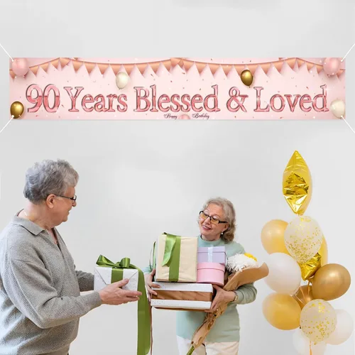 Vista 4 de Labakita Cartel de 90 años bendecidos y amados, pancarta grande de feliz cumpleaños 90, decoraciones de cumpleaños de mamá abuela 90 años, pancarta
