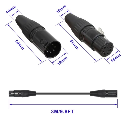 Vista 5 de Cables XLR a XLR DMX de 5 pines de 9.8 pies, cable XLR de 5 pines macho a hembra, para altavoz, micrófono y LED DMX (negro, 9.8 ft)