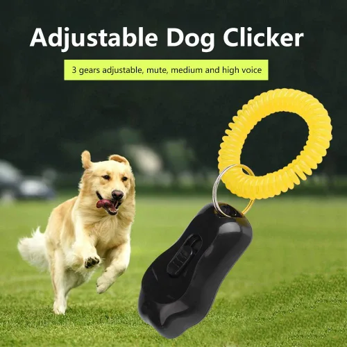 Vista 3 de Yosoo Clicker Entrenamiento para perros, ajustable de 3 engranajes para entrenamiento de perros con forma de clicker con correa de muñeca para gatos