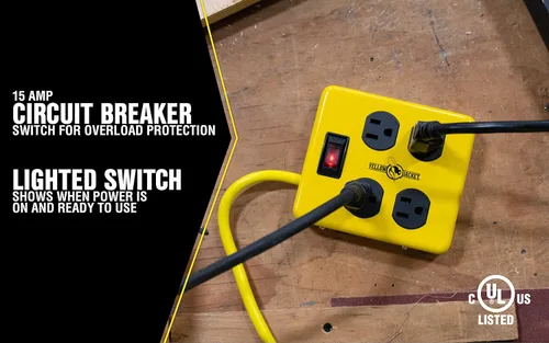 Vista 7 de Southwire Yellow Jacket - Bloque de alimentación de metal, diseño resistente, divisor de enchufe a tierra de 4 tomas, interruptor iluminado, enchufe