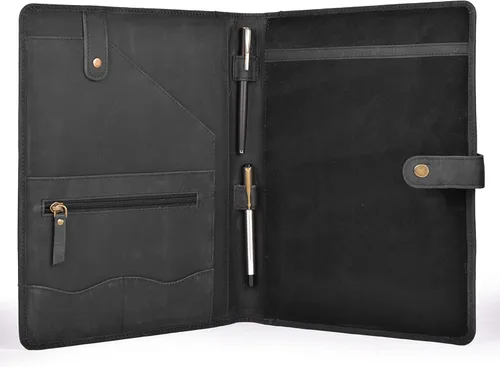 Vista 3 de Portafolio de cuero genuino – Elegante organizador profesional negro y carpeta para currículum, portadocumentos de cuero antiguo para negocios