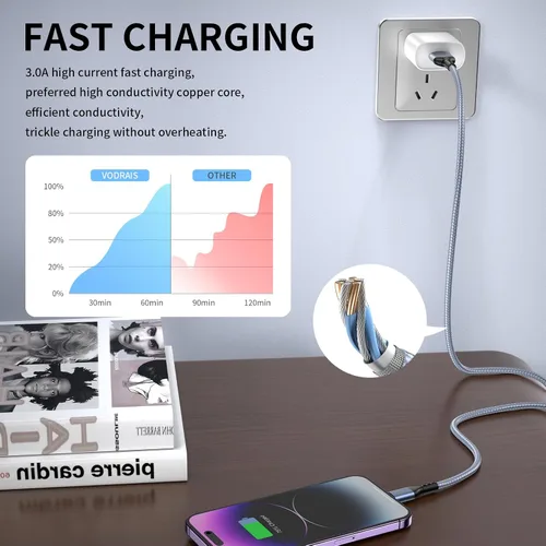 Vista 3 de Paquete de 3 cargadores para iPhone de 10 pies con certificación MFi de Apple, cable Lightning trenzado de nylon de carga rápida, cable de carga USB