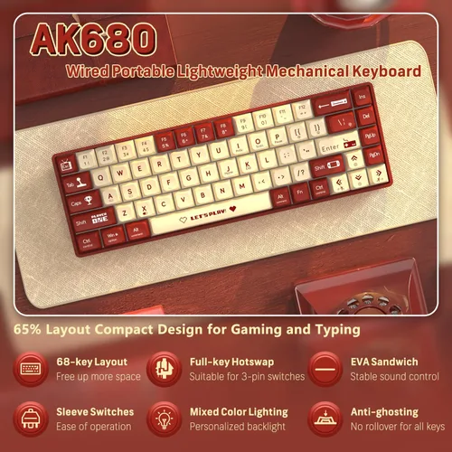 Vista 2 de ATTACK SHARK AK680 - Teclado mecánico para juegos 60% con cable, intercambiable en caliente, retroiluminación RGB arcoíris, impresión UV y control