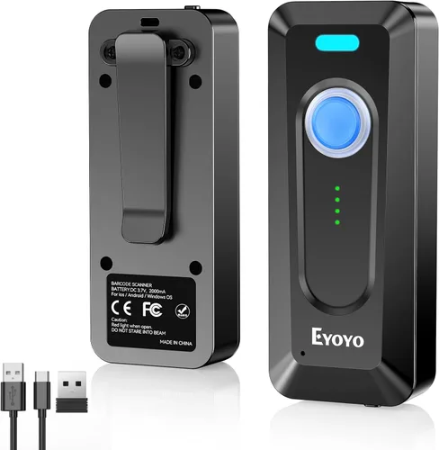 Vista 12 de Eyoyo Escáner de código de barras Bluetooth 2D portátil con clip, batería de 2000mAh con indicador de nivel, lector de código de barras 1D QR Naranja