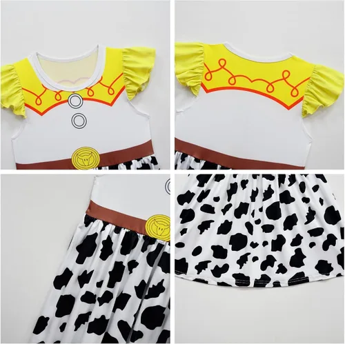 Vista 3 de Jessiee - Disfraz para niñas, vestido de vaquera con manga aleteada, vestido casual de verano, vestido de fiesta, trajes para niños