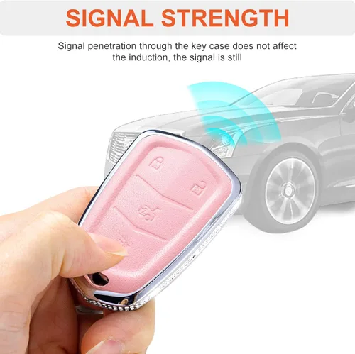Vista 4 de Funda para llavero Cadillac con llavero, protector de llave de cuero con cristal compatible con Cadillac Escalade CTS SRX XT5 ATS STS CT6 5 botones