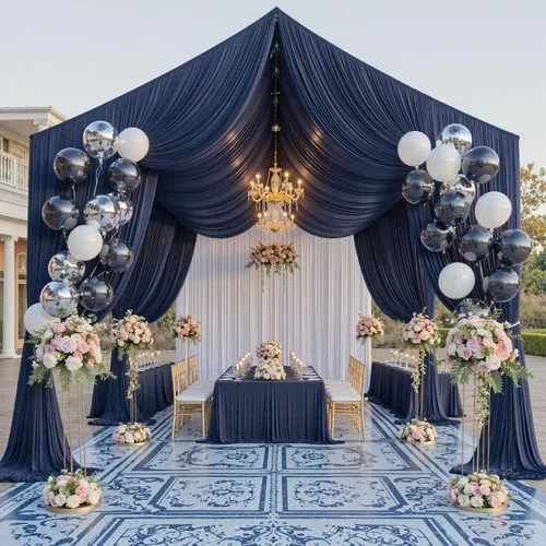 Vista 21 de Cortina de techo beige de 20 x 40 pies para bodas, 4 paneles sin arrugas, 40 pies de largo, cortinas drapeadas para bodas, cumpleaños y fiestas