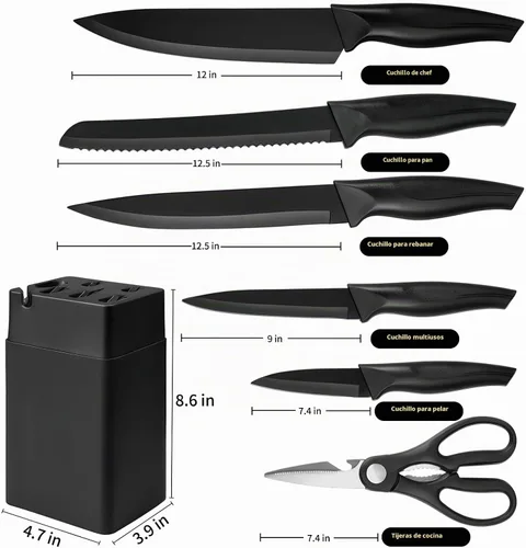 Vista 2 de Juego de cuchillos de cocina con bloque de cuchillos, juego de bloques de Negro