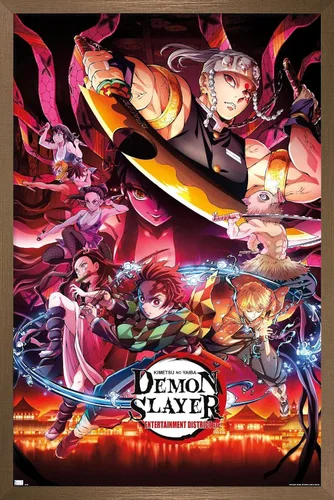 Vista 12 de Demon Slayer - Póster de pared Key Visual 1, 22.4 pulgadas de largo x 14.7 pulgadas de ancho, versión enmarcada de madera de granero