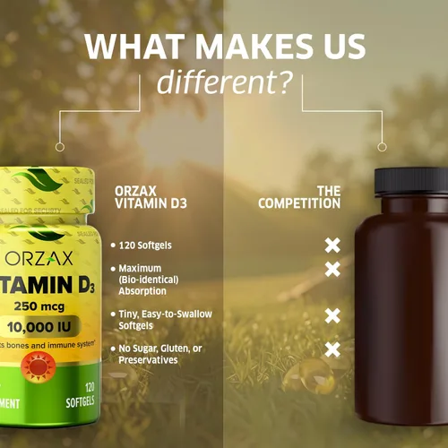 Vista 6 de ORZAX Vitamina D3 10000 iu (250 mcg) - Sin OMG, sin gluten, sin azúcar, sin lácteos - Suministro de 120 días para una función muscular fuerte