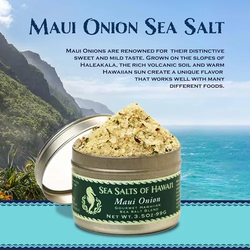 Vista 3 de Cebolla Maui Sal marina hawaiana de 3.5 onzas. Lata - Hecho en Hawái