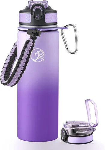 Vista 12 de GOSWAG - Botella de agua de viaje de acero inoxidable aislada de 24 onzas, 2 tapas with straw and no straw, Paracord handle, Double-wall vacuum