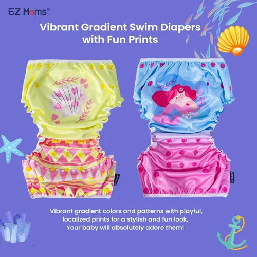Vista 2 de EZ Moms Baby Swim Essentials Bundle - 2 Pack Reusable Swim Diapers and 2 Pack Toddler Arm Floaties (30150 LBS) Set, Large Size Snap Adjustable
