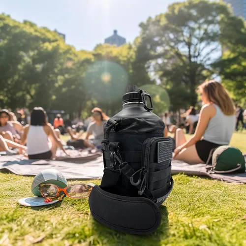 Vista 7 de Botella de agua de 1 galón, botella de agua de metal de acero inoxidable aislada de 128 onzas con soporte, bolsa de transporte, asa de boquilla Negro