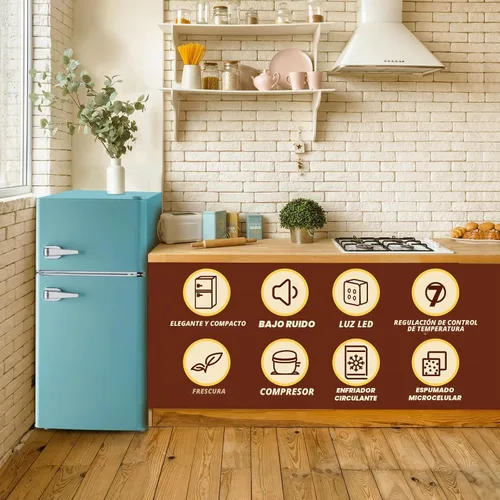 Vista 2 de Mini nevera con freezer, refrigerador pequeño de doble puerta con estantes de vidrio extraíbles, 7 ajustes de temperatura, mango desmontable