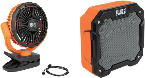 Vista 8 de Klein Tools Paquete de mini ventilador USB recargable con batería con tira de alimentación magnética, protector de sobretensiones, luz LED, puertos