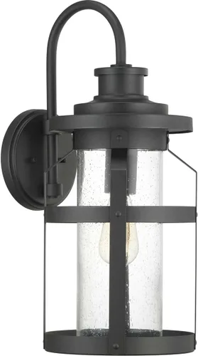 Vista 2 de Progress Lighting Haslett Collection - Farol de pared grande con 1 luz de cristal transparente con textura de color negro Farmhouse outdoor