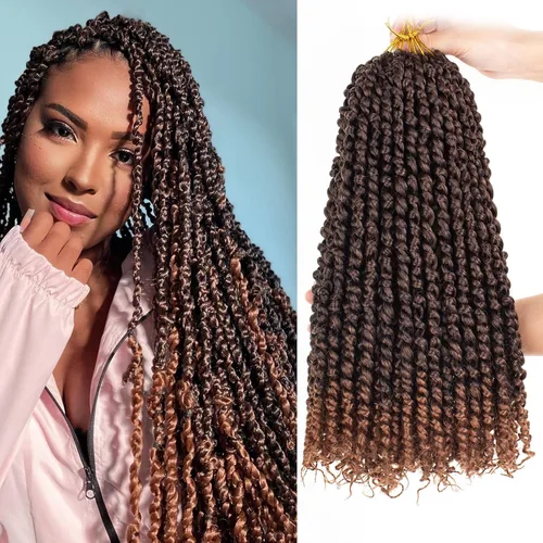 Vista 18 de Leeven Cabello rubio degradado de 14 pulgadas, pretrenzado y trenzado de pasión, 8 paquetes de extensiones de cabello sintético bohemio para mujeres
