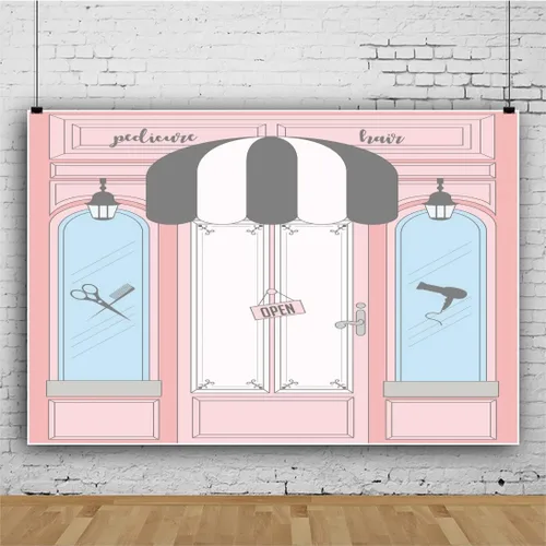 Vista 4 de AOFOTO Telón de fondo rosa de 5 x 3 pies, para peluquería, peluquería, peluquería, manicura, pedicura, spa, tienda de belleza, barbería, salón