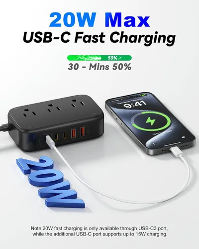Vista 3 de Regleta de alimentación de viaje PD20W - 3AC y 5 USB (3 USB C), cable de extensión de 5 pies 8-in-1 Power Strip with USB C Port for Home, Portable
