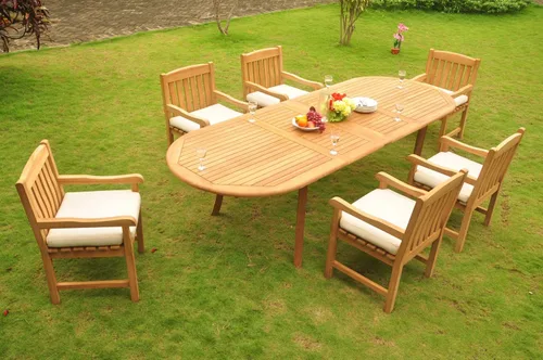 Vista 4 de 6 plazas grade-a Extensiones de 7 PC Conjunto de comedor: 117", doble de madera de teca ovalada mesa de comedor y 6 Devon Brazo/Capitán Sillas #
