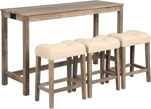 Vista 9 de Juego de mesa y sillas de barra de altura de mostrador de 4 piezas con toma de corriente, mesa de comedor rectangular estrecha con 3 taburetes