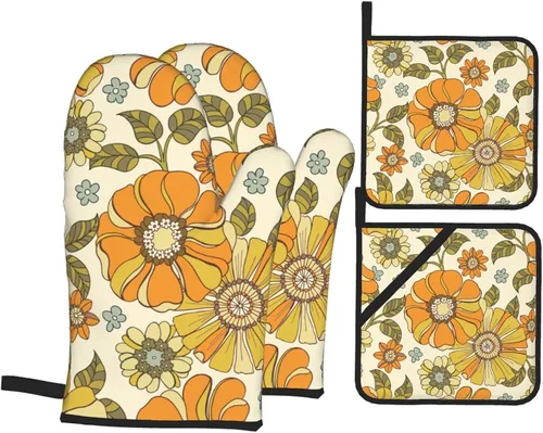 Vista 12 de Juego de 4 guantes de horno y soportes para ollas florales de los años 70, resistentes al calor, para cocina, hornear, asar a la parrilla, barbacoa