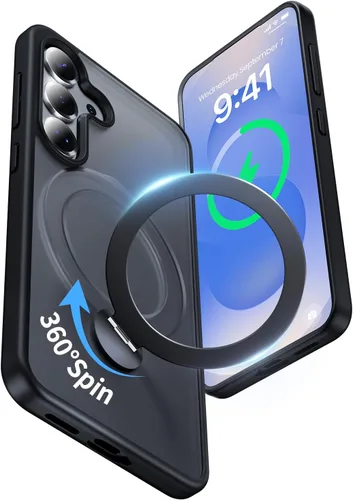 Vista 28 de Funda para Samsung Galaxy S24+ Plus, compatible con MagSafe, con soporte de anillo magnético giratorio de 360° [carga inalámbrica], soporte de Negro