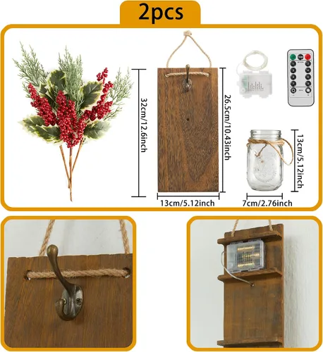 Vista 7 de PARTY JOY Juego de 2 apliques de tarro de Navidad con bayas rojas, decoración rústica de pared con control remoto para decoración navideña