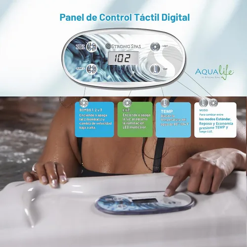 Vista 8 de Bañera de Hidromasaje AquaLife Serie Select® de 7 Personas con 100 Chorros de Acrílico, sin Asiento, con Ozonizador y Escalones