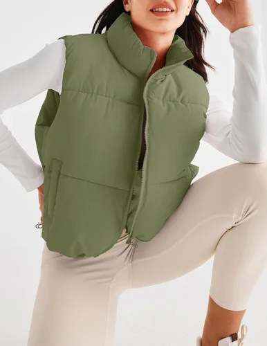 Vista 5 de MEROKEETY Chaleco acolchado para mujer, cuello alto, con cremallera, sin mangas, con bolsillos