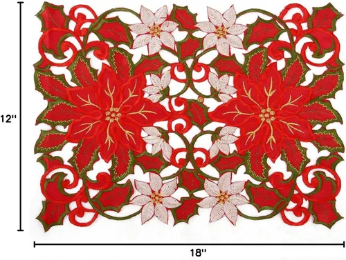 Vista 4 de Simhomsen - Juego de 4 manteles individuales con bordados de flor de Pascua de Navidad, 12 x 18 pulgadas
