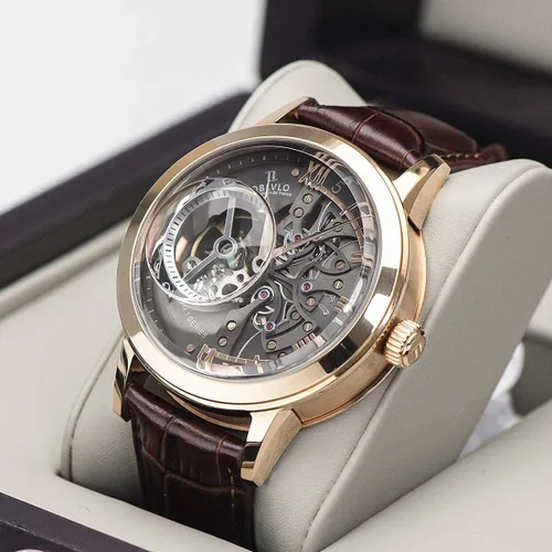 Vista 9 de OBLVLO Relojes de oro rosa de lujo para hombre, esfera esquelética, relojes automáticos, correa de cuero VM-1