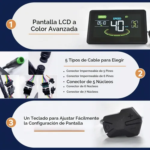 Vista 4 de Pantalla Ebike, protocolo UART No. 2, computadora de ciclismo colorida de 24 V-60 V con puerto de carga para dispositivos móviles, pantalla LCD