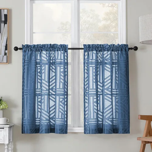 Vista 89 de Simplebrand Cortinas traslúcidas negras de cocina de 24 pulgadas de largo, 2 paneles, filtrado de luz, geométrico jacquard con textura, cortinas