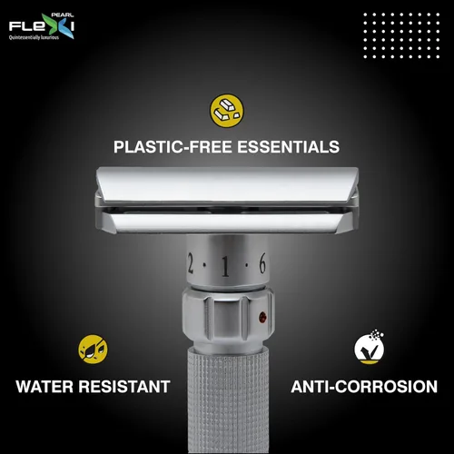 Vista 3 de Pearl Flexi - Maquinilla de afeitar de seguridad ajustable versión V12 – Maquinilla de afeitar de metal reutilizable hecha de 100% latón