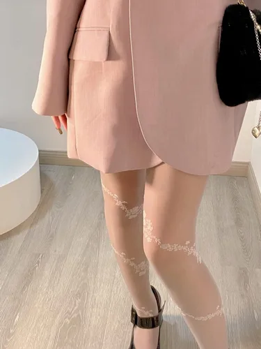 Vista 4 de Medias sexys con estampado floral para mujer, medias de encaje de cintura alta, mallas transparentes para fiesta y club