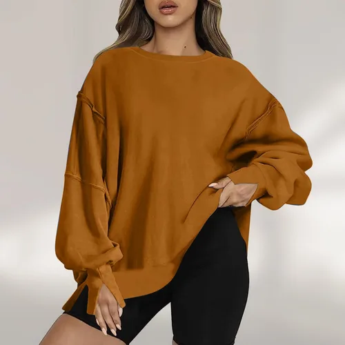 Vista 2 de Ceboyel Sudadera de gran tamaño para mujer 2023, color sólido, cuello redondo, suéter con abertura lateral, cómodo ropa de moda de otoño